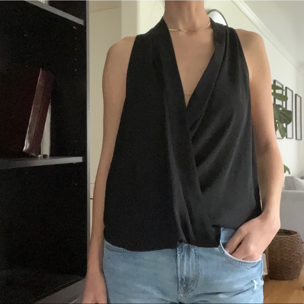 Simple black draped deep V blouse